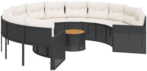 vidaXL Gartensofa mit Tisch und Kissen Rund Schwarz Poly-Rattan 3318539