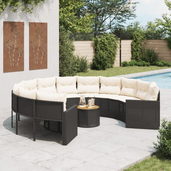 vidaXL Gartensofa mit Tisch und Kissen Rund Schwarz Poly-Rattan 3318539