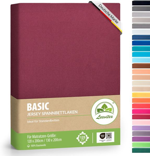 leevitex® Spannbettlaken 120x200 cm - 130x200 cm | Spannbetttuch Bettlaken | 100% Jersey Baumwolle | Matratzenhöhe bis 25 cm | Ökotex | Bordeaux/Weinrot