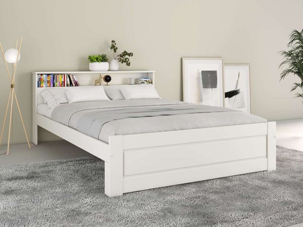 OTTO home Massivholzbett FLAVION, TOPSELLER! Jugendbett, FSC® zertifizierte massive Kiefer (Breite: 140), Qualitätsprodukt, Regal, Kassettenoptik, Schublade optional