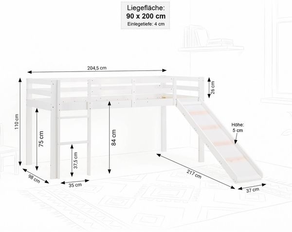 Hochbett mit Lattenrost, Rutsche, Vorhang & Tunnel, Holz rosa, 90x200 Bild 3