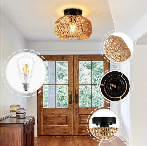 Jibenhome LED Deckenleuchte Boho Rattan Deckenleuchte Vintage Kronleuchter Lampenschirm, Warmweiße, Mit E27-4W Glühbirne