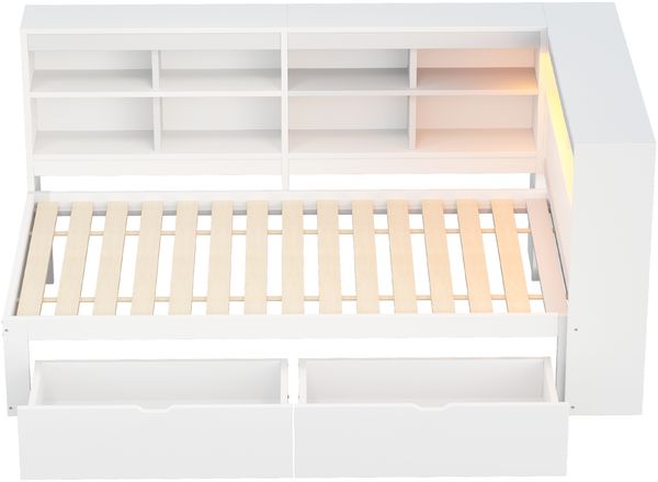 Massivholzsofa 90*200 cm, Mit Ablagefächern, Bett mit USB- und Steckdose mit LED-Leiste, Mit Regalen und Ablagefächern, Viel Stauraum, Multifunktionales Einzelholzbett, Weiß Bild 10