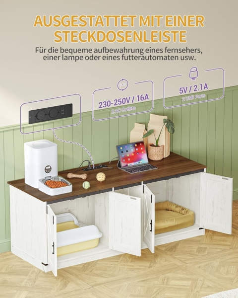 Katzenschrank mit USB-Anschlüssen und Steckdosen, Katzenklo Schrank, 140 cm Verstecktes Katzentoilette für 2 Katzen, Katzenhaus für den Innenbereich mit Katzenglocke, Braun-Weiß Bild 3