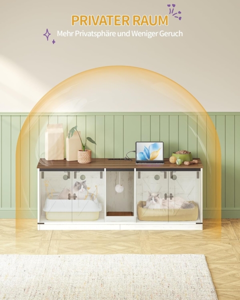 Katzenschrank mit USB-Anschlüssen und Steckdosen, Katzenklo Schrank, 140 cm Verstecktes Katzentoilette für 2 Katzen, Katzenhaus für den Innenbereich mit Katzenglocke, Braun-Weiß Bild 4