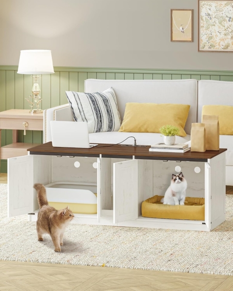 Katzenschrank mit USB-Anschlüssen und Steckdosen, Katzenklo Schrank, 140 cm Verstecktes Katzentoilette für 2 Katzen, Katzenhaus für den Innenbereich mit Katzenglocke, Braun-Weiß Bild 7