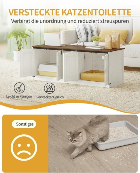 Katzenschrank mit USB-Anschlüssen und Steckdosen, Katzenklo Schrank, 140 cm Verstecktes Katzentoilette für 2 Katzen, Katzenhaus für den Innenbereich mit Katzenglocke, Braun-Weiß Bild 6