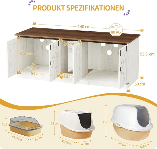 Katzenschrank mit USB-Anschlüssen und Steckdosen, Katzenklo Schrank, 140 cm Verstecktes Katzentoilette für 2 Katzen, Katzenhaus für den Innenbereich mit Katzenglocke, Braun-Weiß Bild 8