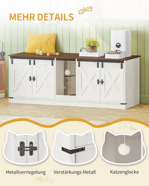 Katzenschrank mit USB-Anschlüssen und Steckdosen, Katzenklo Schrank, 140 cm Verstecktes Katzentoilette für 2 Katzen, Katzenhaus für den Innenbereich mit Katzenglocke, Braun-Weiß Bild 5