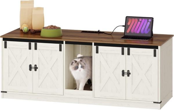 Katzenschrank mit USB-Anschlüssen und Steckdosen, Katzenklo Schrank, 140 cm Verstecktes Katzentoilette für 2 Katzen, Katzenhaus für den Innenbereich mit Katzenglocke, Braun-Weiß Bild 2