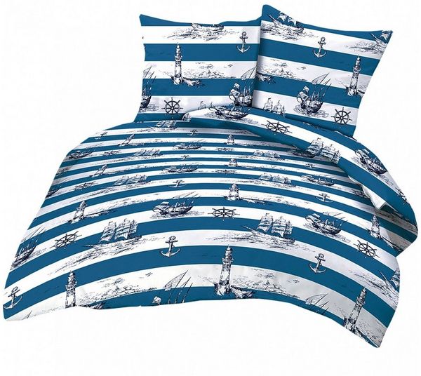 Heubergshop Bettwäsche, Seersucker, 2 teilig, 155x220cm + 80x80cm Leuchtturm Maritime Anker 100% Baumwolle (736-2)