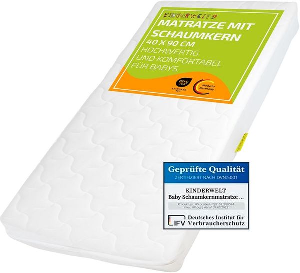 KiNDERWELT Babymatratze 40 x 90 x 10 cm, Schaumkernmatratze Komfortbezug gesteppt, Matratze für Kinderbett, Schaumstoffmatratze Kinder, Made in Germany