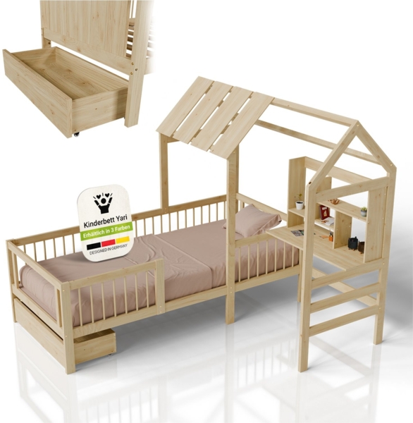 Juskys Kinderbett Yari 90x200 cm - Integrierter Schreibtisch, Praktische Schublade, Massiver Kieferrahmen, Pflegeleicht, 150 kg belastbar - natur