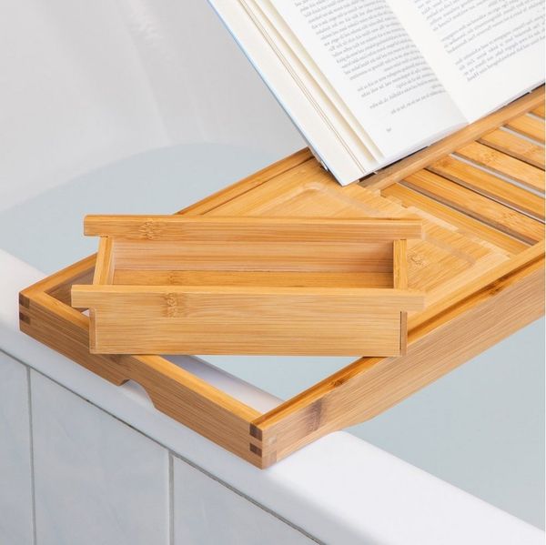 Haushalt International Badewannenablage Bambustablett Badewannenbutler Badewannentablett, aus Bambusholz, mit Buchablage aus Kunststoff, Handyablage
