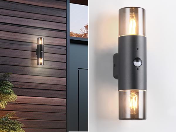 LED Außenwandleuchte Up & Down mit Bewegungsmelder, Rauchgrau Schwarz, Höhe 33cm
