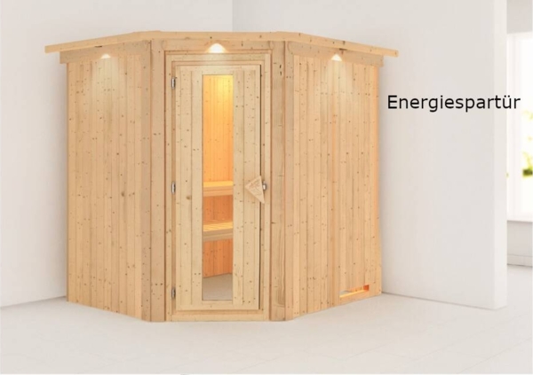 Karibu Sauna Siirin mit Dachkranz + 9kW Saunaofen mit integrierter Steuerung Klarglas Ganzglastür Bild 4