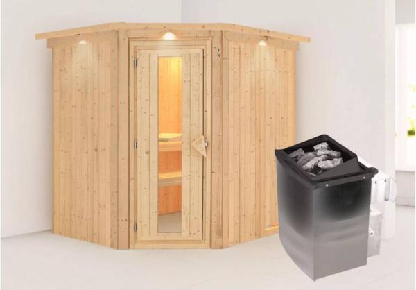 Karibu Sauna Siirin mit Dachkranz + 9kW Saunaofen mit integrierter Steuerung Klarglas Ganzglastür Bild 2