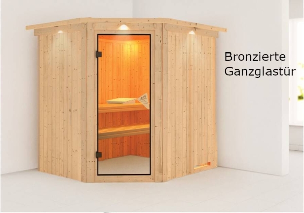 Karibu Sauna Siirin mit Dachkranz + 9kW Saunaofen mit integrierter Steuerung Klarglas Ganzglastür Bild 5