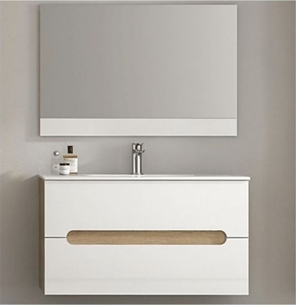 Faizee Möbel Badmöbel-Set 90cm Hochglanz Weiß inkl. Waschbecken&LED-Beleuchtung