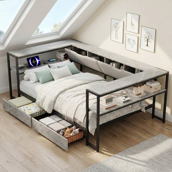 Flieks Kinderbett, Metallbett Daybett Schlafsofa 90x200 cm mit 2 Schubladen & Aufladen