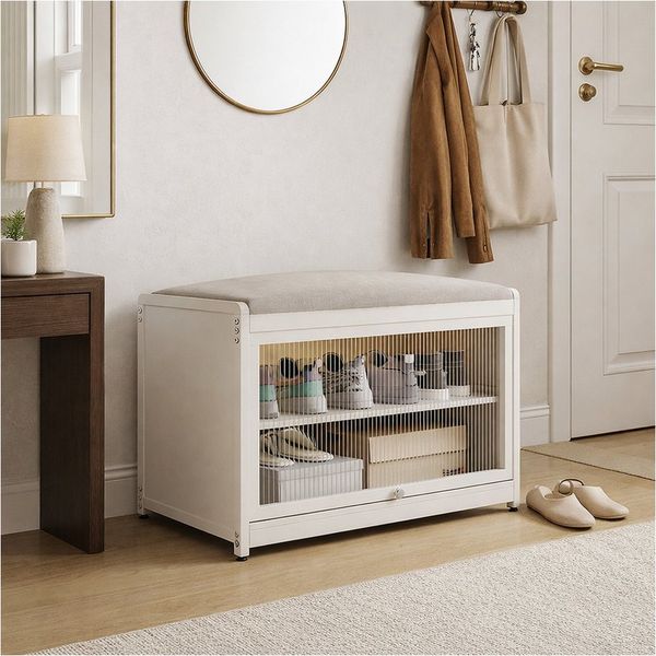 HTI-Living Schuhschrank mit Schiebetür und Sitzkissen Beige (1 Stück, 1-St, 1 Schuhschrank mit Sitzkissen) Sitzkissen mit Polyesterbezug in Leinenoptik