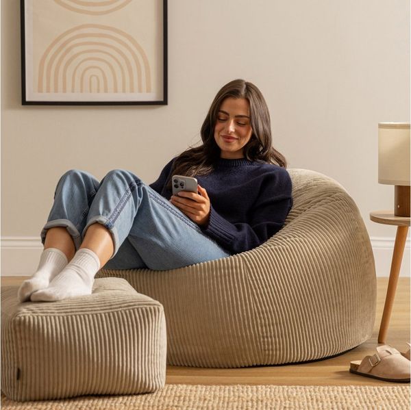 icon Kingston Cord Sitzsack Stuhl und Poufe, Stein Beige, Große Lounge Chair Sitzsäcke für Erwachsene mit Füllung Enthalten, Jumbo Cord Erwachsene Sitzsack, Boho Room Decor Wohnzimmer Möbel