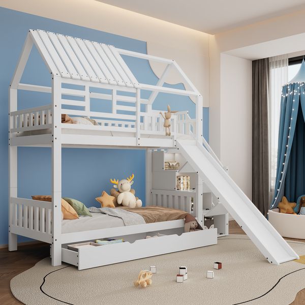 Etagenbett 90x200 cm im Hausdesign aus Kieferholz/MDF mit Treppe, Stauraum und Rutsche, robustes Fallschutzgeländer, Weiß