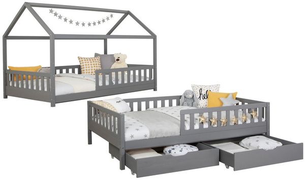 Ticaa Hausbett Duo mit Rausfallschutz und Schubkasten aus Kiefer, Bodenbett 90x200, inkl. abnehmbarem Dach, mit Rollrost, mit Matratze