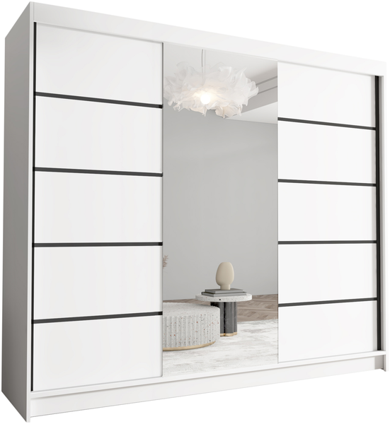 Schwebetürenschrank Netro VI 250 cm mit Spiegel - Groß Kleiderschrank, Schiebetürenschrank mit Kleiderstange und Einlegeboden, Schlafzimmerschrank, Schiebetüren, 250x215x58 cm (Weiß)