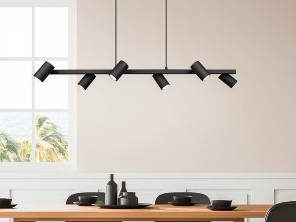 LED Balkenpendelleuchte 6-flammig lang in Schwarz, Breite 115cm
