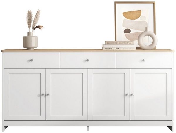 OKWISH Sideboard (mit weißer Holzmaserung, vier Türen, mit drei Schubladen, 1 St, Wohnzimmer, Esszimmer. Holzfarbe und Weiß)