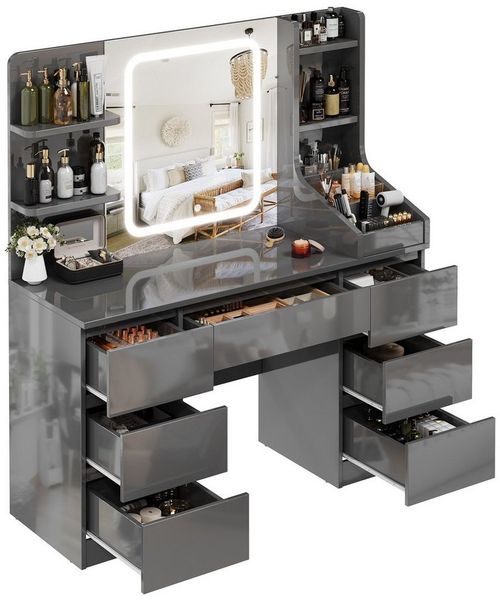HOMALL Schminktisch Eingebaute LED-Beleuchtung, einstellbare Helligkeit, mit 7 Schubladen (GroBe 110*40*139cm Bestes Geschenk fur Ehefrau/Tochter ostern geschenke)