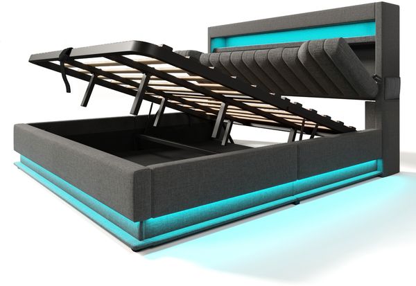 Polsterbett 180x200 cm Doppelbett mit Stauraum-Kopfteil, USB & Typ-C, LED-Beleuchtung und hydraulischem Stauraum, Grau
