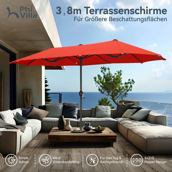 PHI VILLA Sonnenschirm, Balkon Rechteckig Groß Balkonschirm Garten Gartenschirm mit Kurbel UV Schutz Parasol Windfest, Mit der rostfreien Stahlstange und 12 Stahlrippen