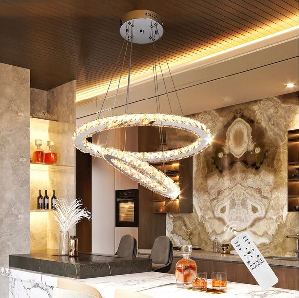 LETGOSPT Deckenleuchte LED Kristall Deckenlampe Dimmbar Hängelampe Pendelleuchte Oval Design, LED fest integriert, kaltweiß, neutralweiß, warmweiß, 36W,Zwei Ringe,Höhenverstellbar,für Wohnzimmer Schlafzimmer