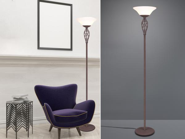 Deckenfluter RUSTICA Landhausstil Rostoptik mit Glasschirm, Höhe 180cm