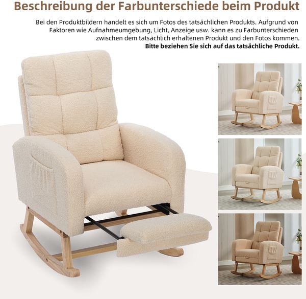Merax Teddy-Samt-Schaukelstuhl, beiger Sessel, Gestell aus Massivholz, Metallfüße mit versteckten Beinstützen, hohe Schaumstoffpolsterung Bild 6