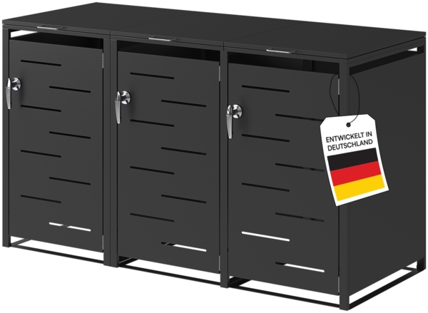 STEELSØN 'Diorus' Mülltonnenbox für 3 Tonnen je 240 Liter, graphitschwarz, Mülltonnenverkleidung aus Stahl mit Sichtstreifen, wetterfest, 116x80x203 cm, abschließbare Müllbox