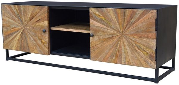 loft24 Lowboard Tanay, TV-Bank Fernsehschrank, Mangoholz, 2 Türen, Metallgestell, 140 cm