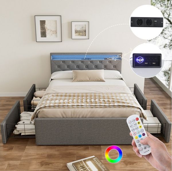 oyajia Polsterbett LED Doppelbett 140x200cm, Stauraumbett mit Kopfteil und 4 Schubladen (Leinenmaterial Polsterbett mit RGB Beleuchtung), mit Lattenrost und Ladefunktion, mit Komforthöhe, Leises Design Bett