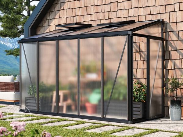 GFP Gewächshaus Anlehngewächshaus Flora 25 - Aluminium - 324x132 cm - 16 mm Polycarbonat-Platten