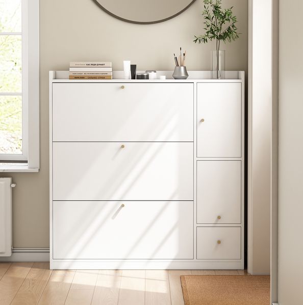 Großer Schuhschrank mit Sitzbank Weiß 119cm Breite Moderner Flurschrank Mit Kippschubladen Und Verstellbaren Böden Großer Stauraum Für Bis Zu 30 Paar Schuhe Garderobenschrank Mit Integrierter Sitzbank Und Kippsicherung, 119cmx24cmx122cm, Weiß