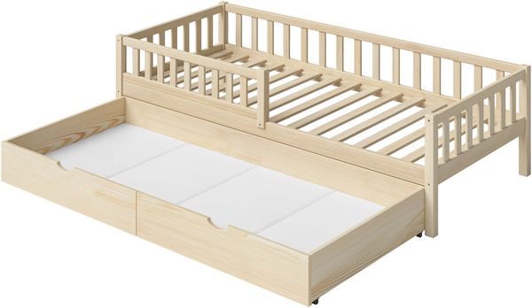 Bellabino 'Vils' Kinderbett 90x200 cm mit Matratze und großer Schublade, natur, Kiefer Massivholz, Montessori Bett mit Stauraum, mit abnehmbarem Rausfallschutz und Lattenrost Bild 12