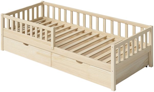 Bellabino 'Vils' Kinderbett 90x200 cm mit Matratze und großer Schublade, natur, Kiefer Massivholz, Montessori Bett mit Stauraum, mit abnehmbarem Rausfallschutz und Lattenrost Bild 2