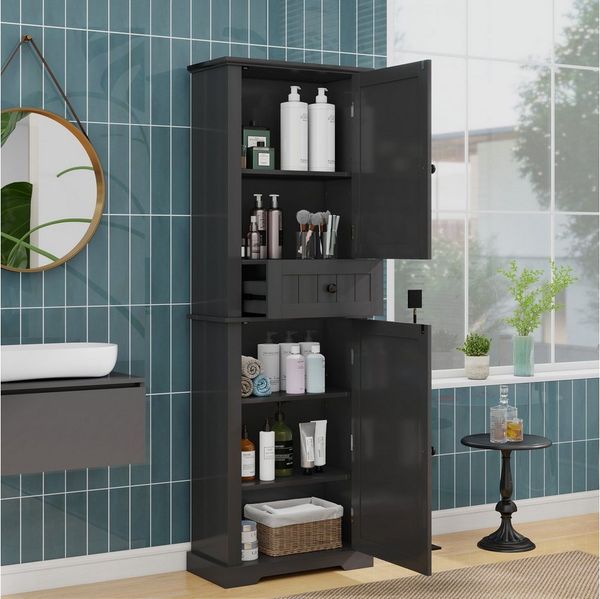 REDOM Hochschrank Badezimmerschrank Badkommode (mit feuchtigkeitsbeständiger Lackierung versehen, Ober- und Unterschränke + mittlere Schublade, verstellbare Einlegeböden, 1-St, 56 x 28 x 167.3cm)