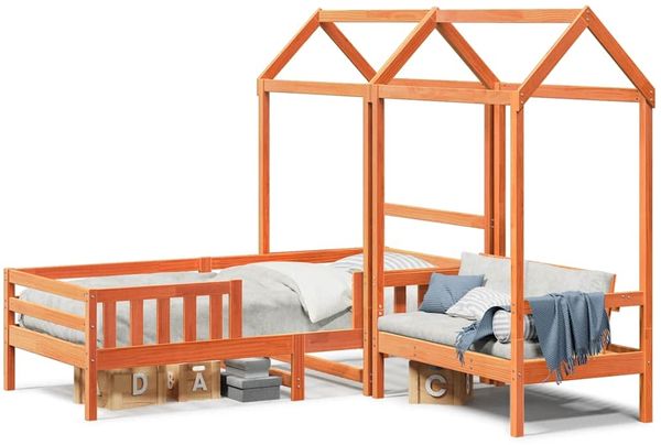 Einzelbetten, Betten für Erwachsene, Massivholzbett und Bank mit Dach Orange 75x190 cm Kiefernholz de5257