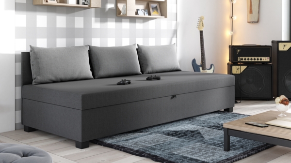 Schlafsofa Misti III - Einzelbett mit Kissen, Sofa mit Bettkasten, Bettsofa, Farbauswahl, Bettgestell, Komfortbett, Bett für Jugendzimmer, Schlafmöbel (Graphit + Grau (Lux 06 + Lux 05))