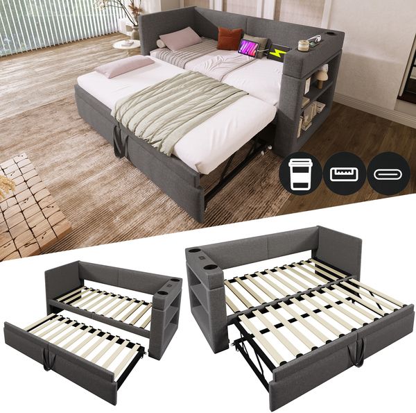 Polstertes Daybett 90x200 cm, Einzelbett Schlafsofa mit Ausziehbett, Armlehnen mit USB- & Type-C-Ladeanschluss und Getränkehalter, Leinen-Mischgewebe, Grau, ohne Matratze