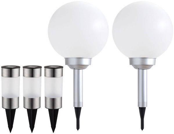 5x Solarlampe, Kugel, Erdspieß, Akku, IP44