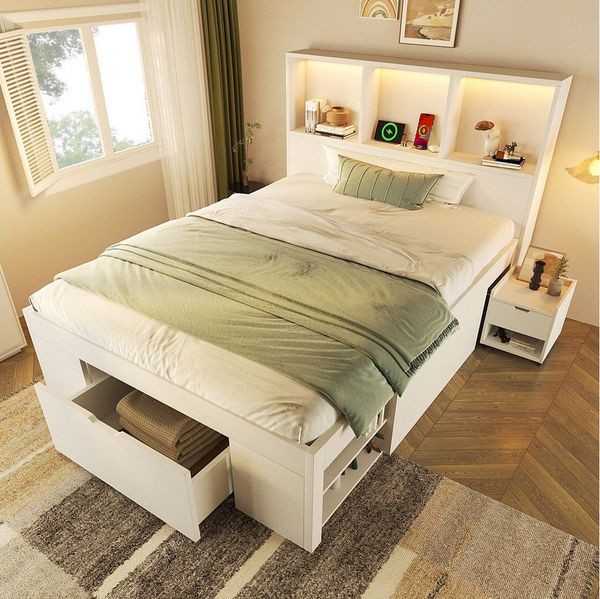 MODFU Holzbett Modulares Holzbett in frischem Weiß mit integriertem Stauraum (Packung, 1-tlg, mit flexiblem Nachttisch, USB-Anschlüssen, offenen Fächern,90x200 cm), mit LED, Schafft Ordnung und Atmosphäre(Ohne Matratze)
